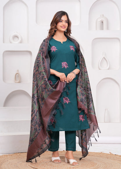 Sea Turtle Green Embroidered Cotton Flex Suit Set with Dupatta