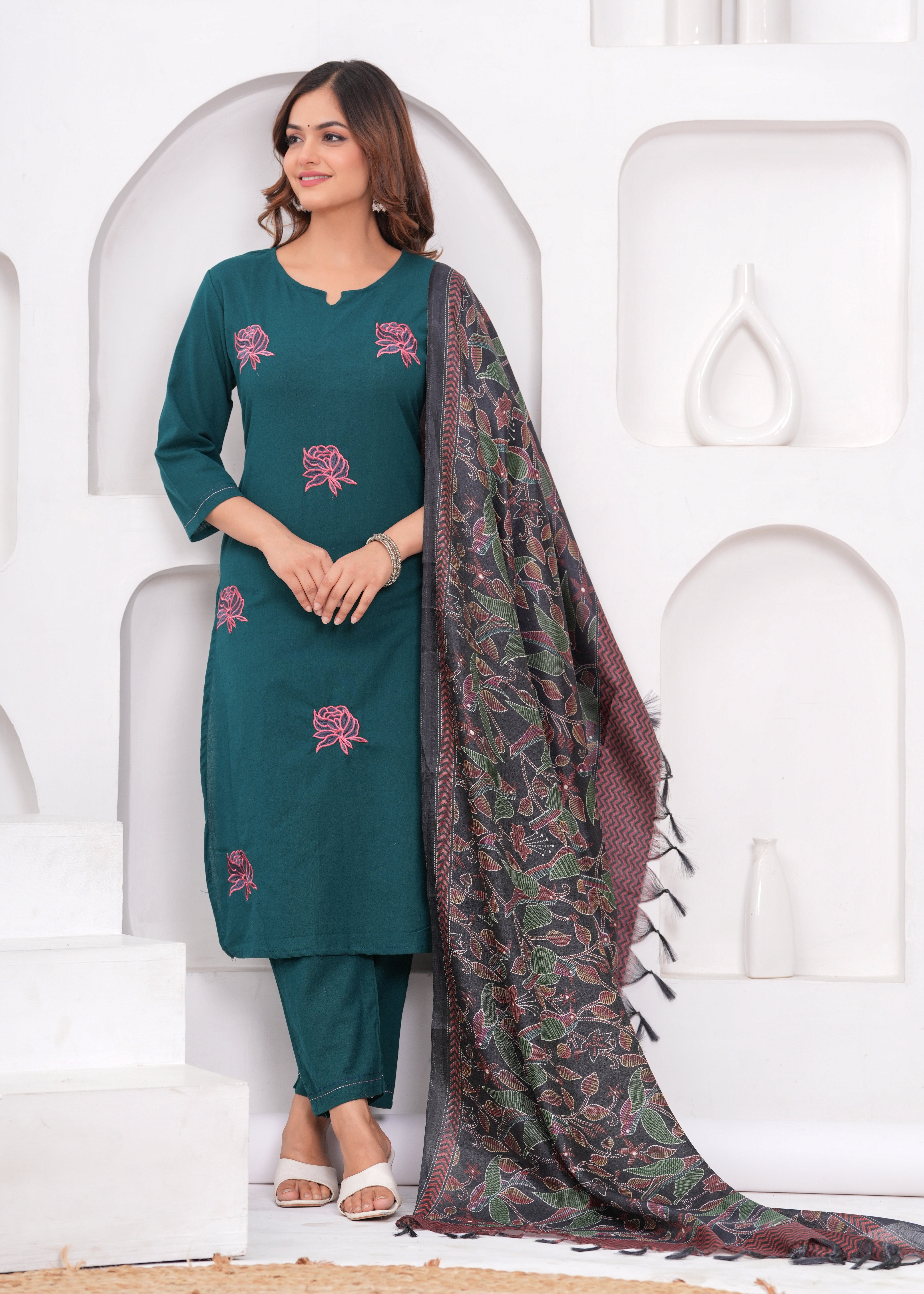 Sea Turtle Green Embroidered Cotton Flex Suit Set with Dupatta