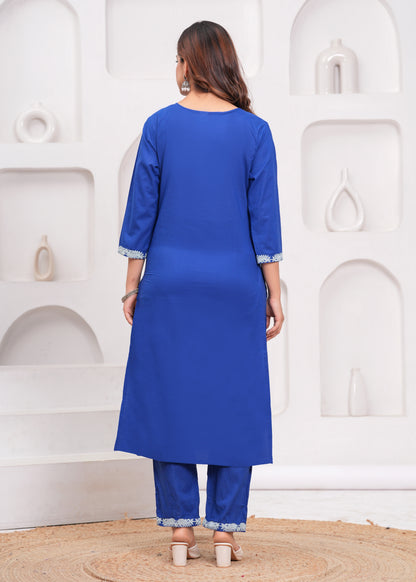 Lapis Blue Embroidered Cotton Suit Set with Dupatta