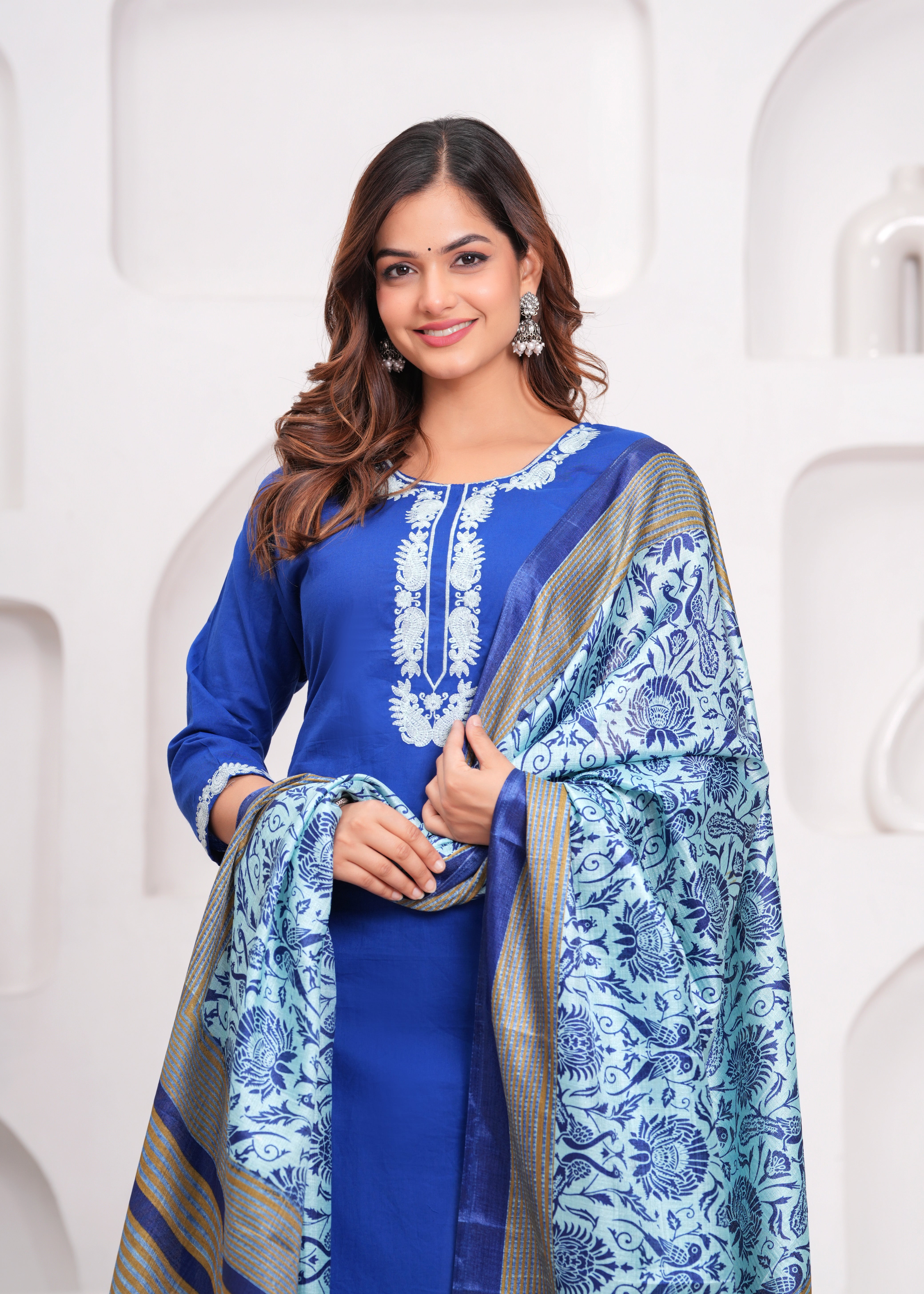 Lapis Blue Embroidered Cotton Suit Set with Dupatta