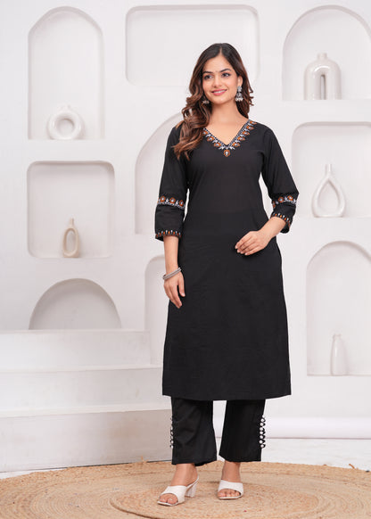 Black Embroidered Cotton Kurta and Pant Set with Khadi Dupatta