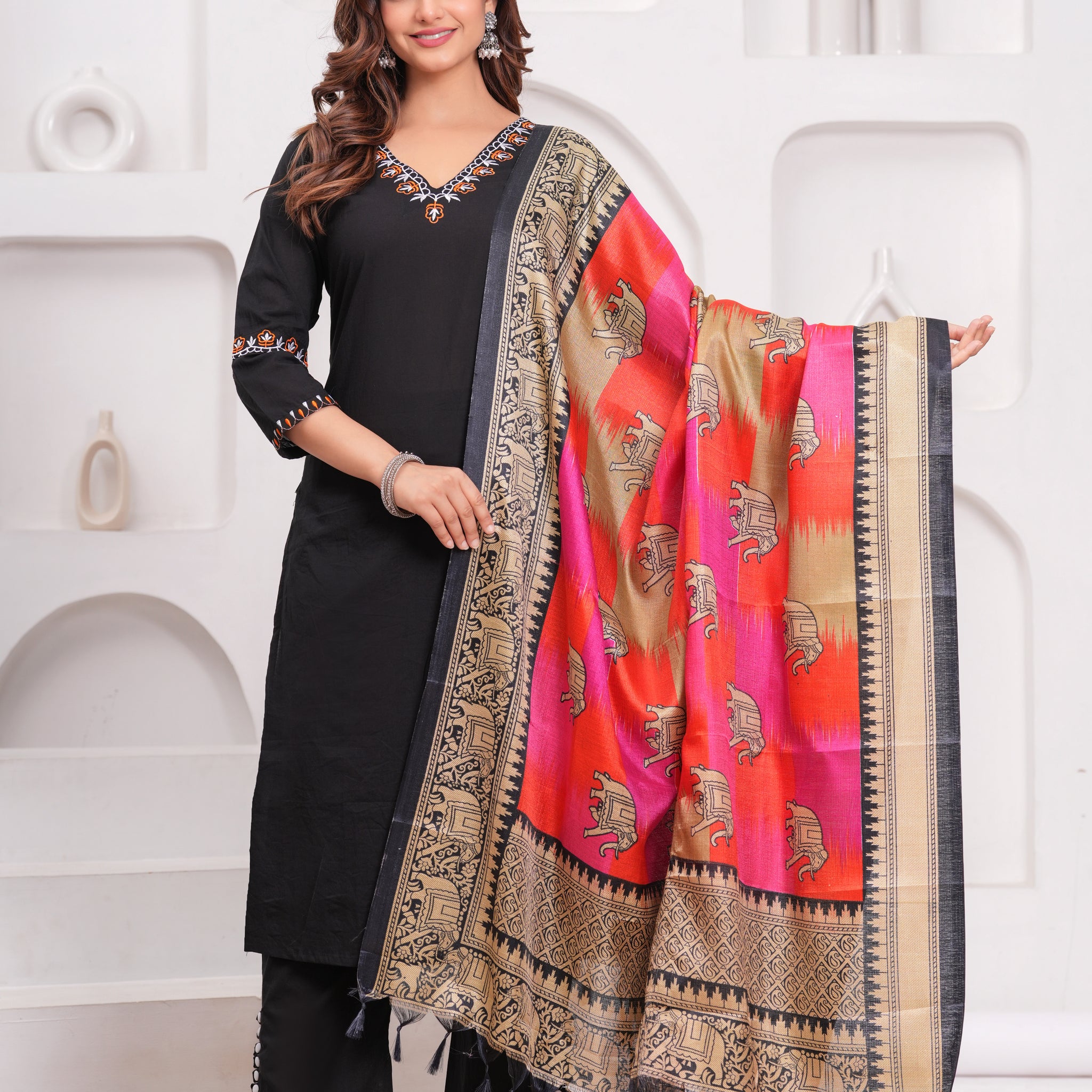 Black Embroidered Cotton Kurta and Pant Set with Khadi Dupatta