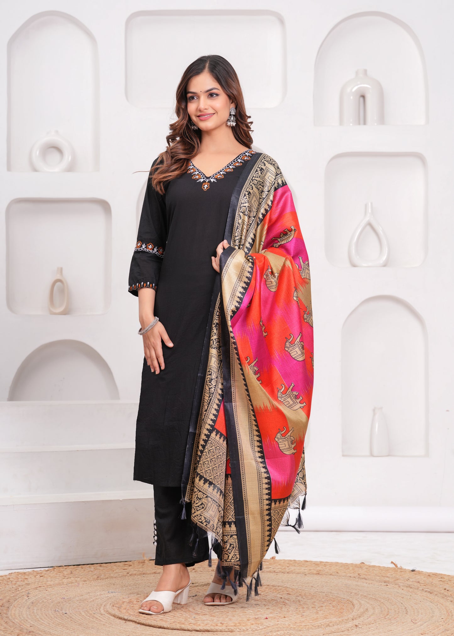 Black Embroidered Cotton Kurta and Pant Set with Khadi Dupatta