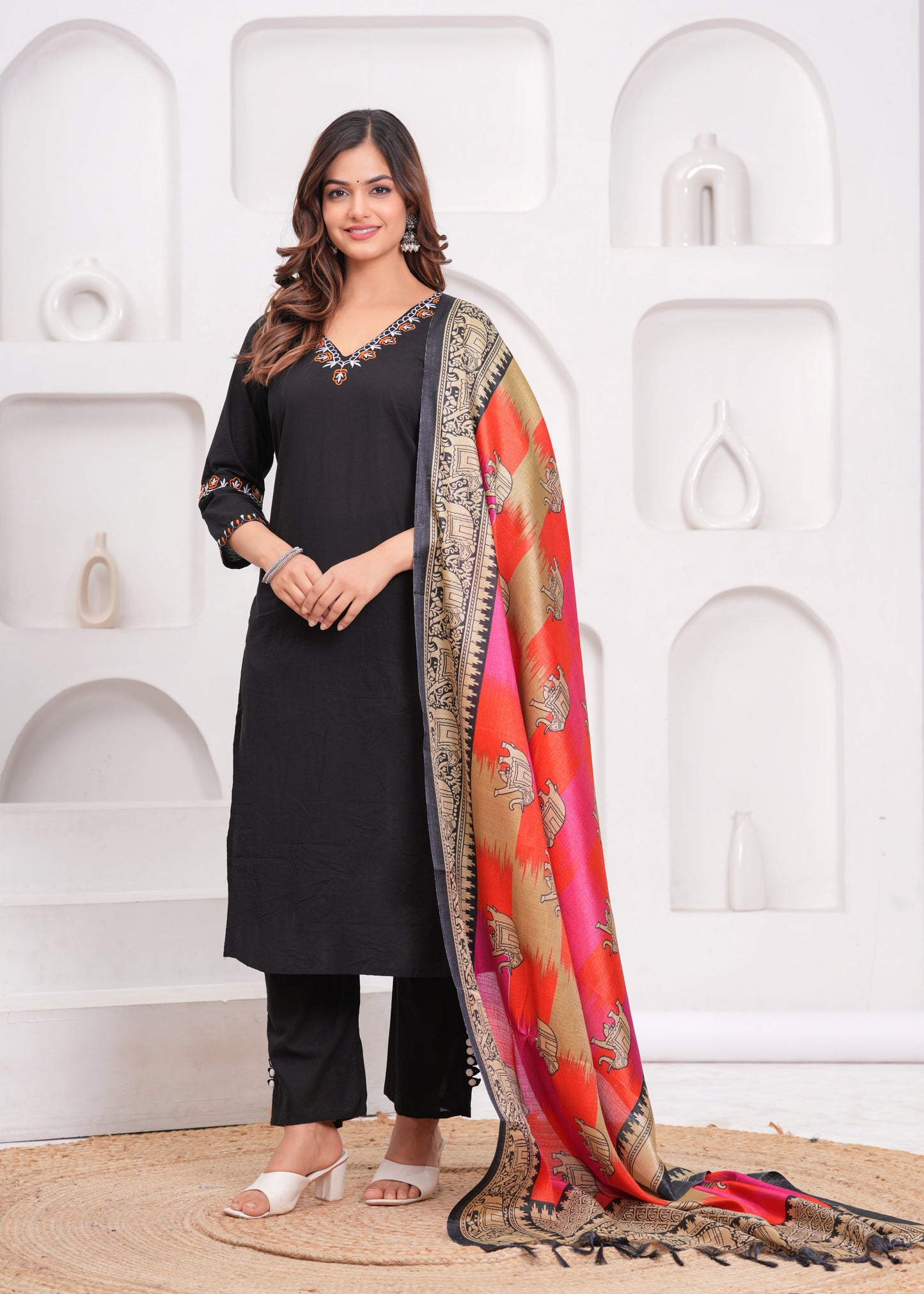 Black Embroidered Cotton Kurta and Pant Set with Khadi Dupatta