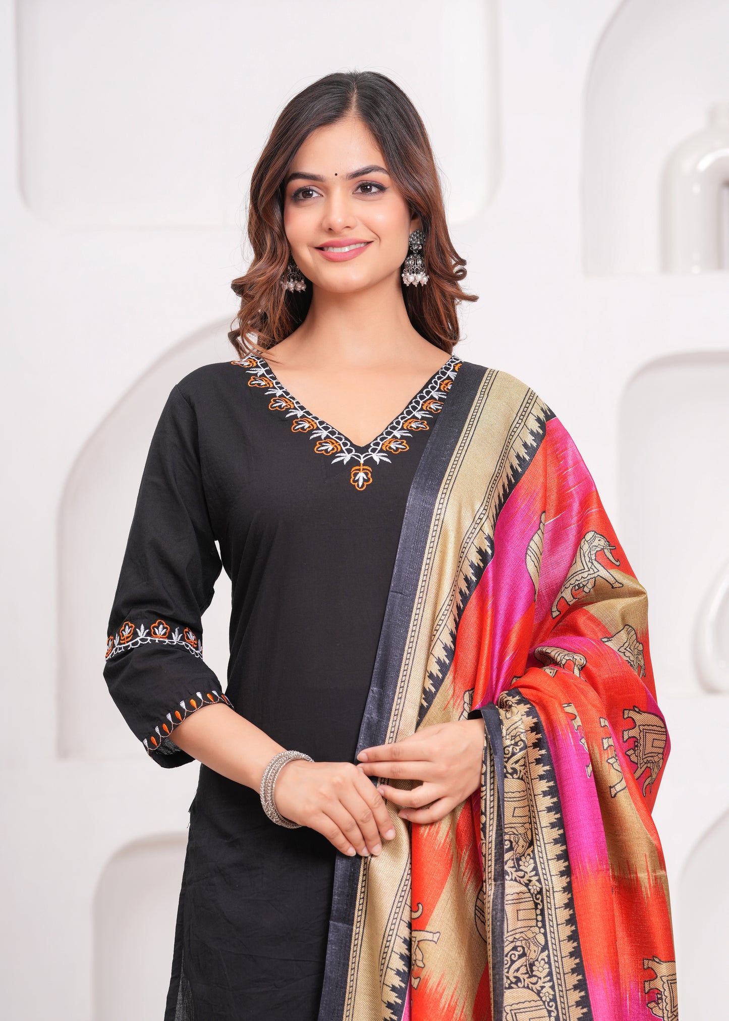 Black Embroidered Cotton Kurta and Pant Set with Khadi Dupatta