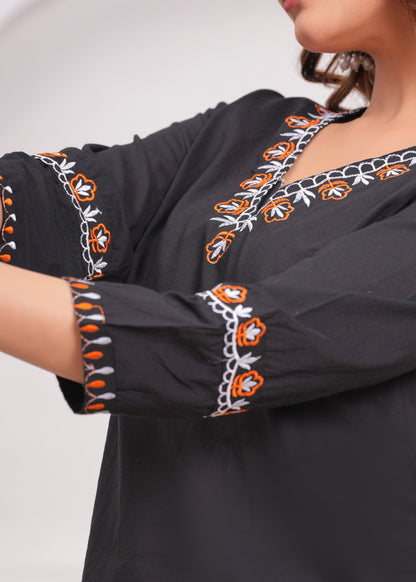 Black Embroidered Cotton Kurta and Pant Set with Khadi Dupatta