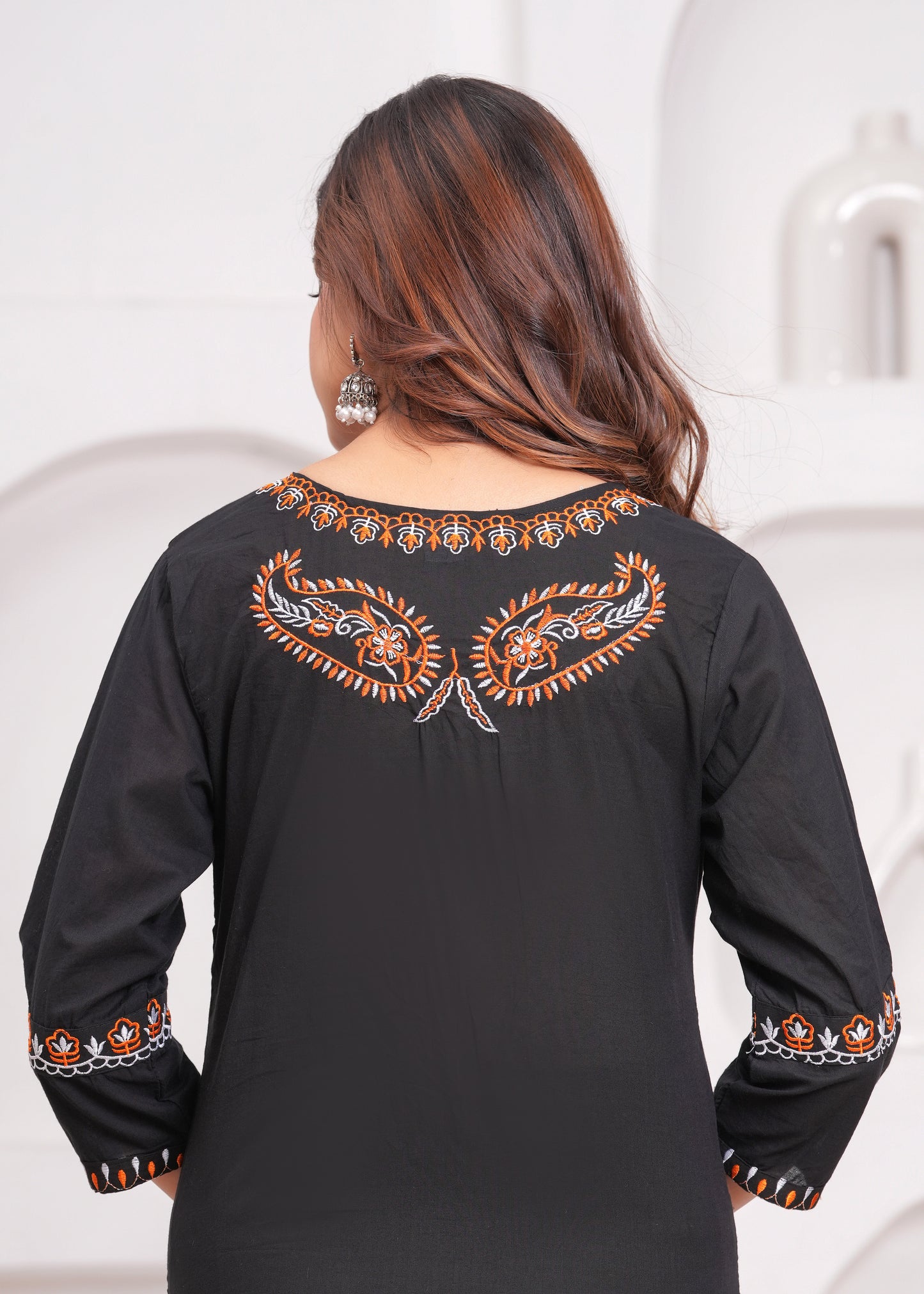 Black Embroidered Cotton Kurta and Pant Set with Khadi Dupatta