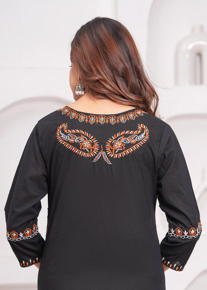 Black Embroidered Cotton Kurta and Pant Set with Khadi Dupatta