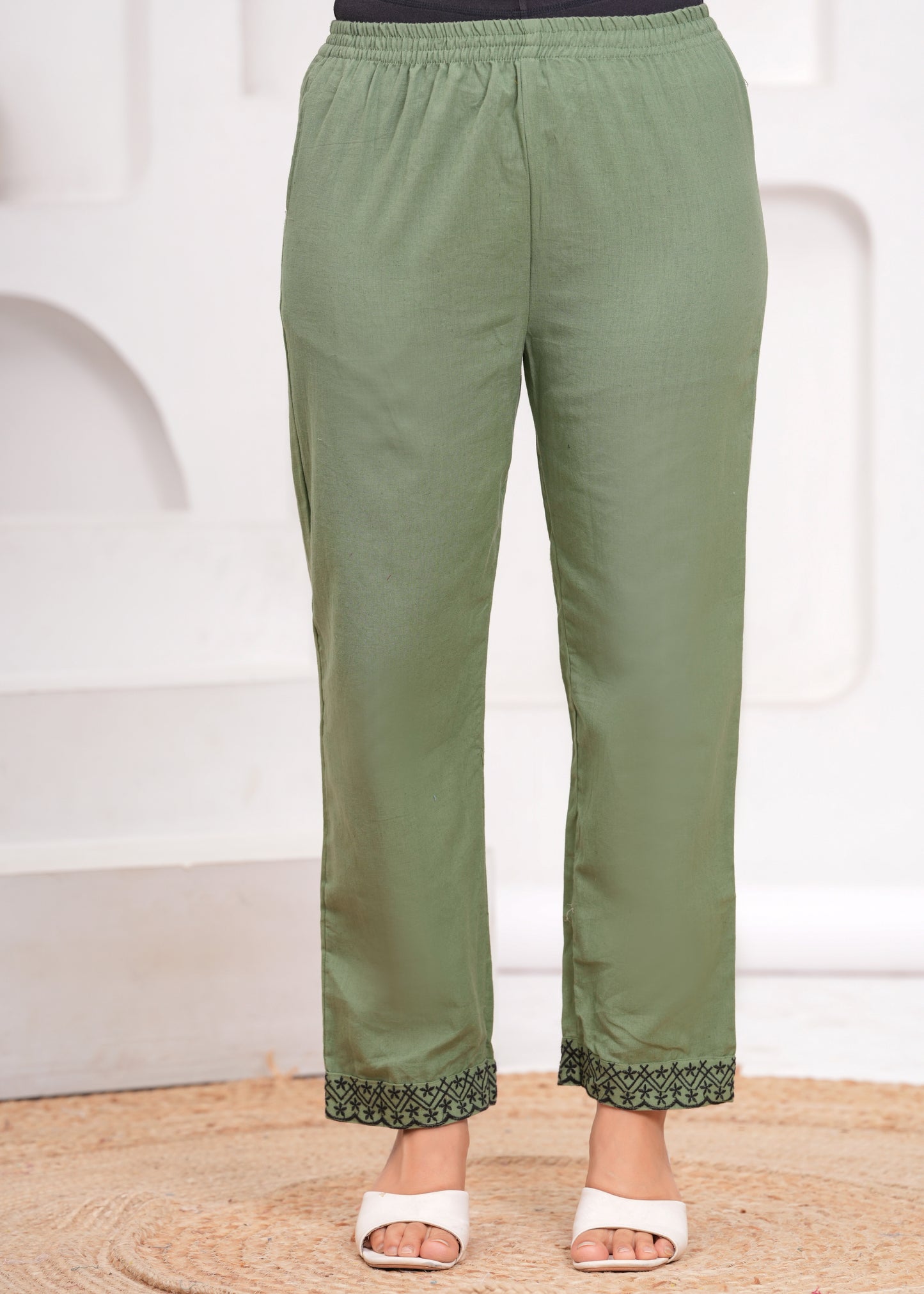 Green Embroidered Cotton Kurta and Pant Set with Dupatta