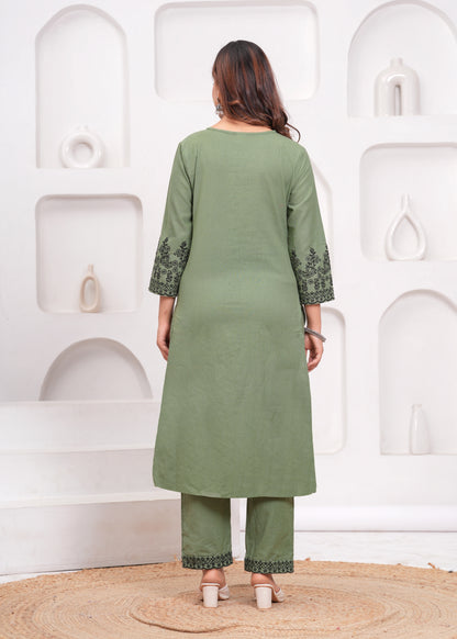 Green Embroidered Cotton Kurta and Pant Set with Dupatta