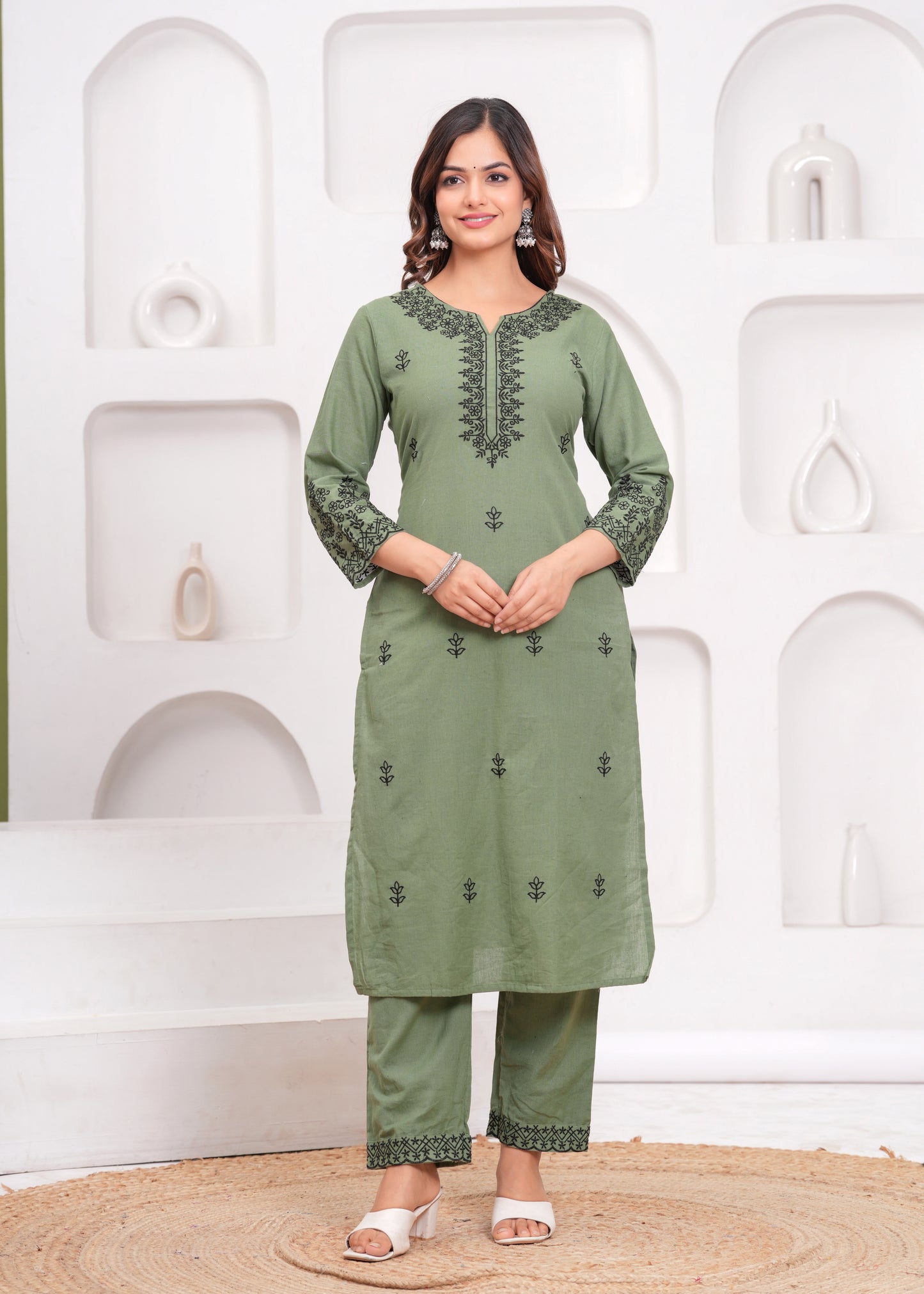 Green Embroidered Cotton Kurta and Pant Set with Dupatta