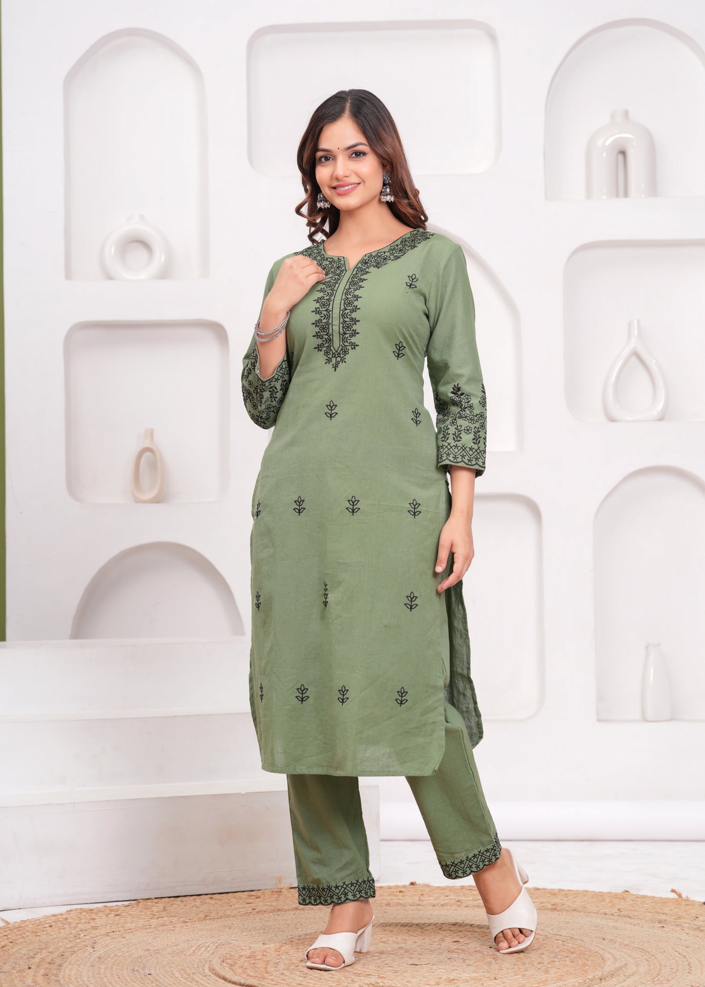 Green Embroidered Cotton Kurta and Pant Set with Dupatta