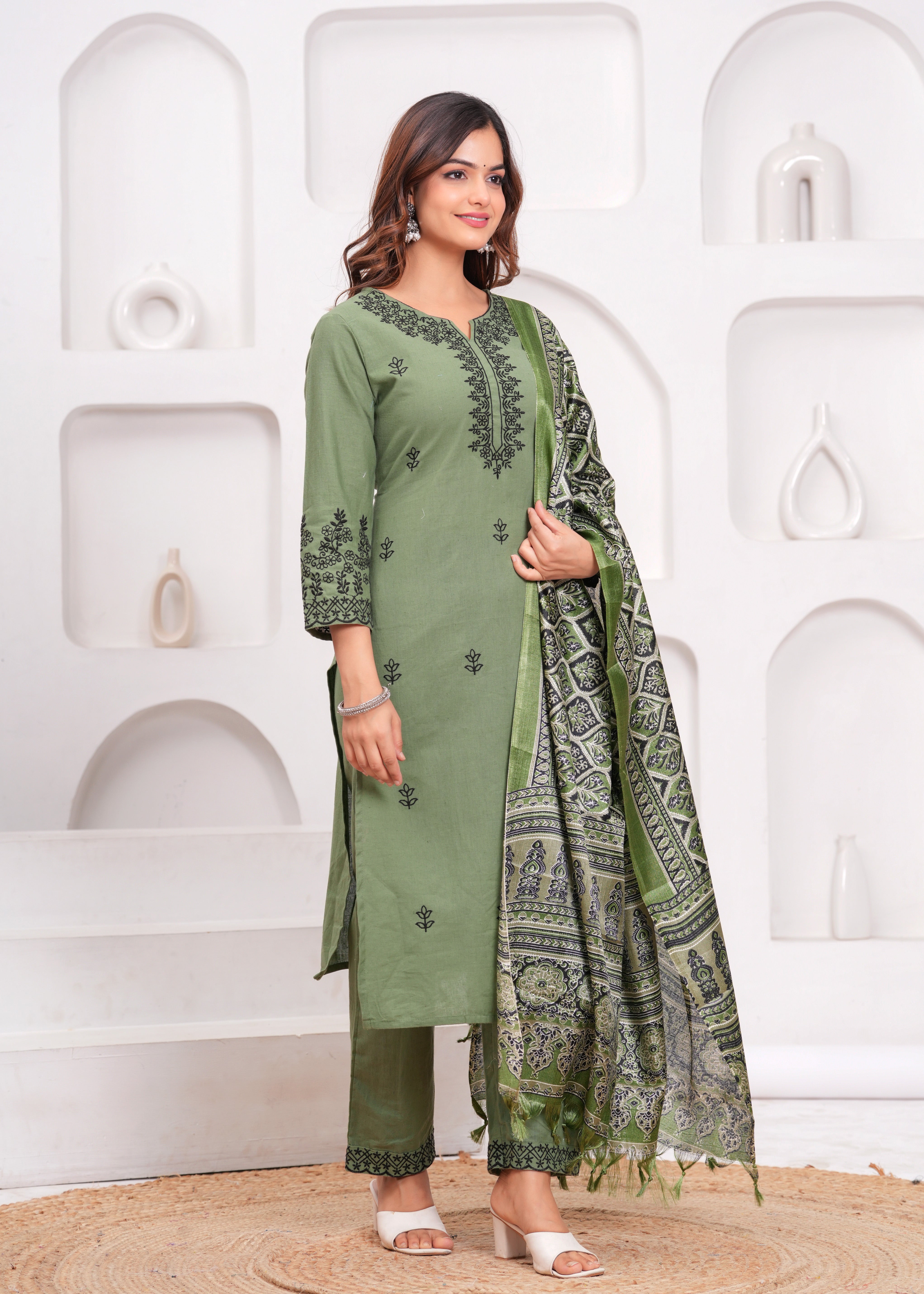 Green Embroidered Cotton Kurta and Pant Set with Dupatta