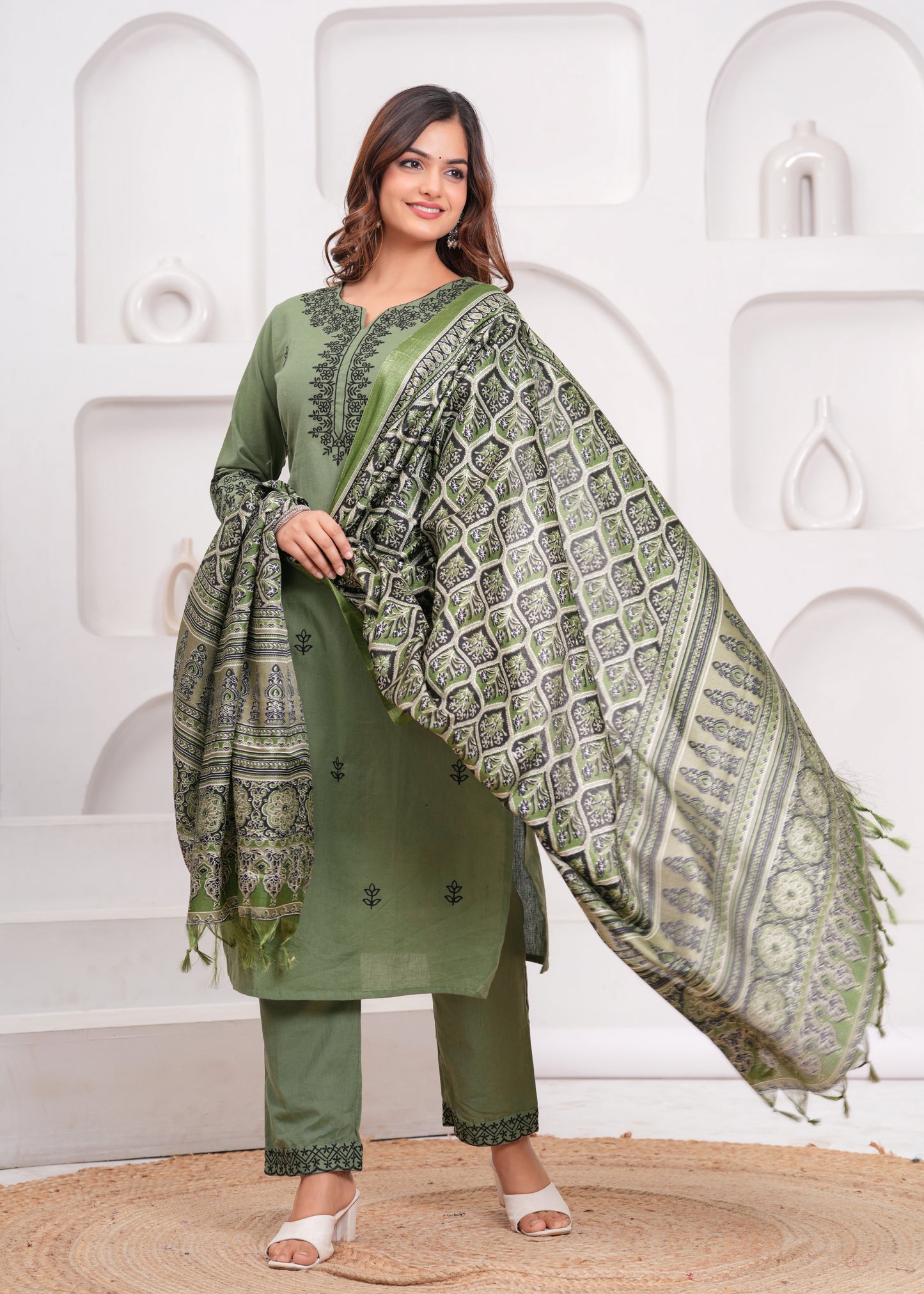 Green Embroidered Cotton Kurta and Pant Set with Dupatta