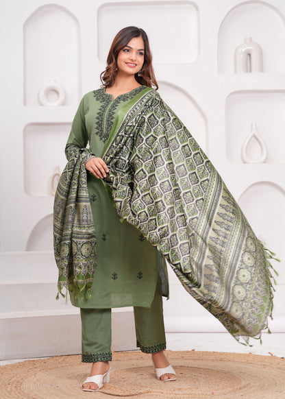 Green Embroidered Cotton Kurta and Pant Set with Dupatta