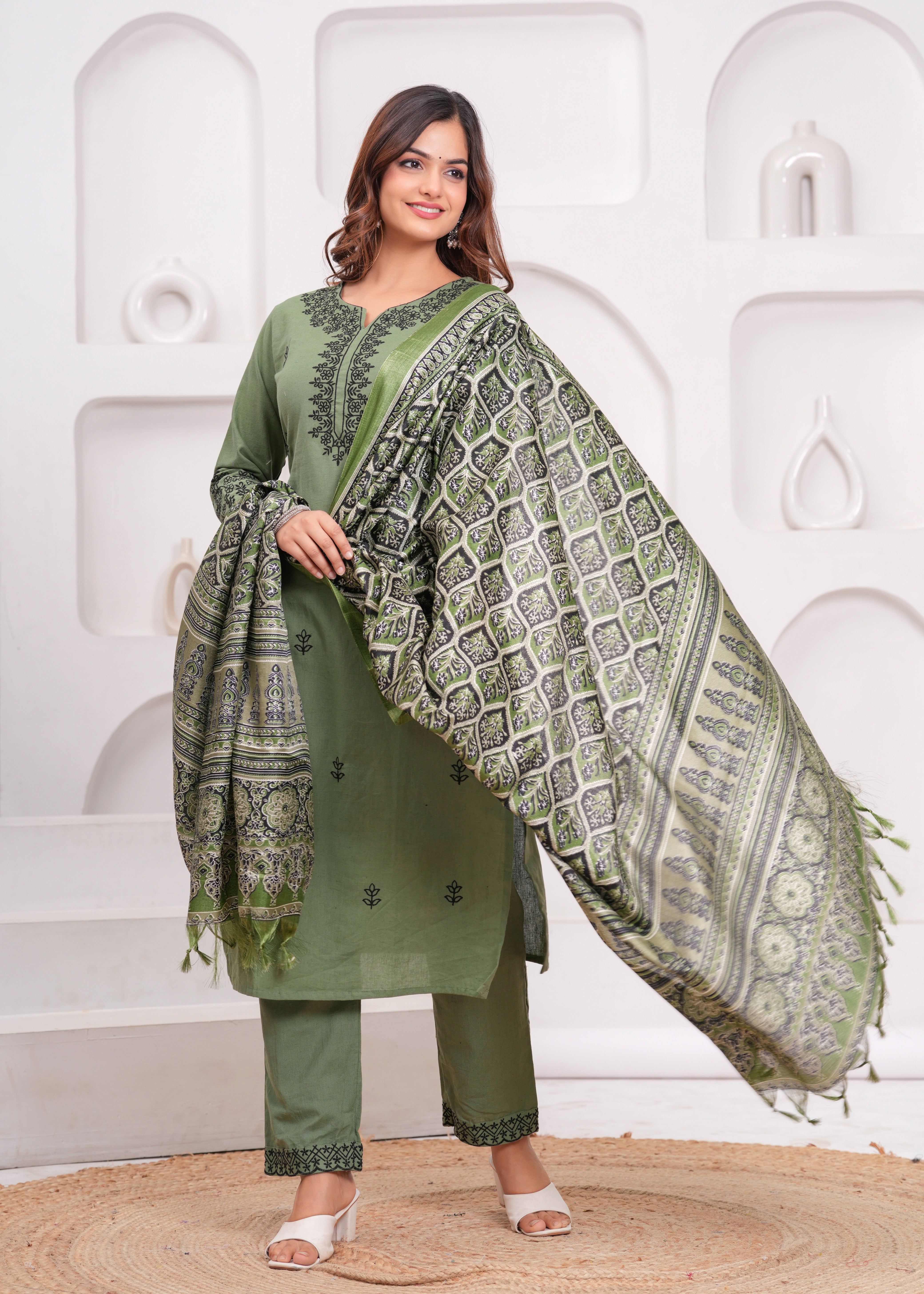 Green Embroidered Cotton Kurta and Pant Set with Dupatta