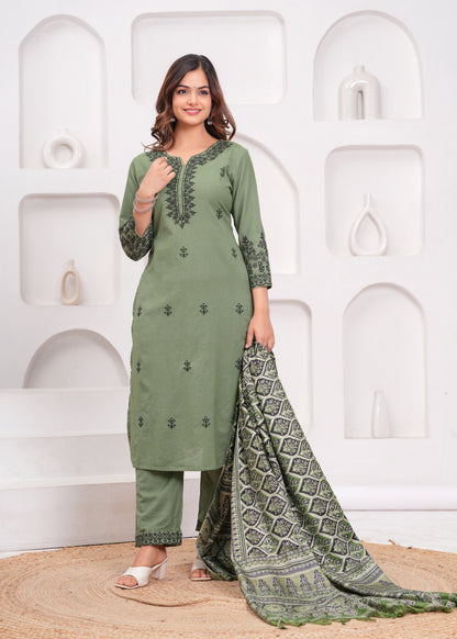 Green Embroidered Cotton Kurta and Pant Set with Dupatta