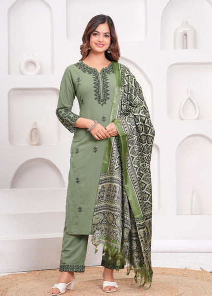 Green Embroidered Cotton Kurta and Pant Set with Dupatta