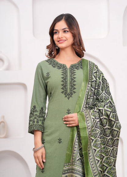 Green Embroidered Cotton Kurta and Pant Set with Dupatta