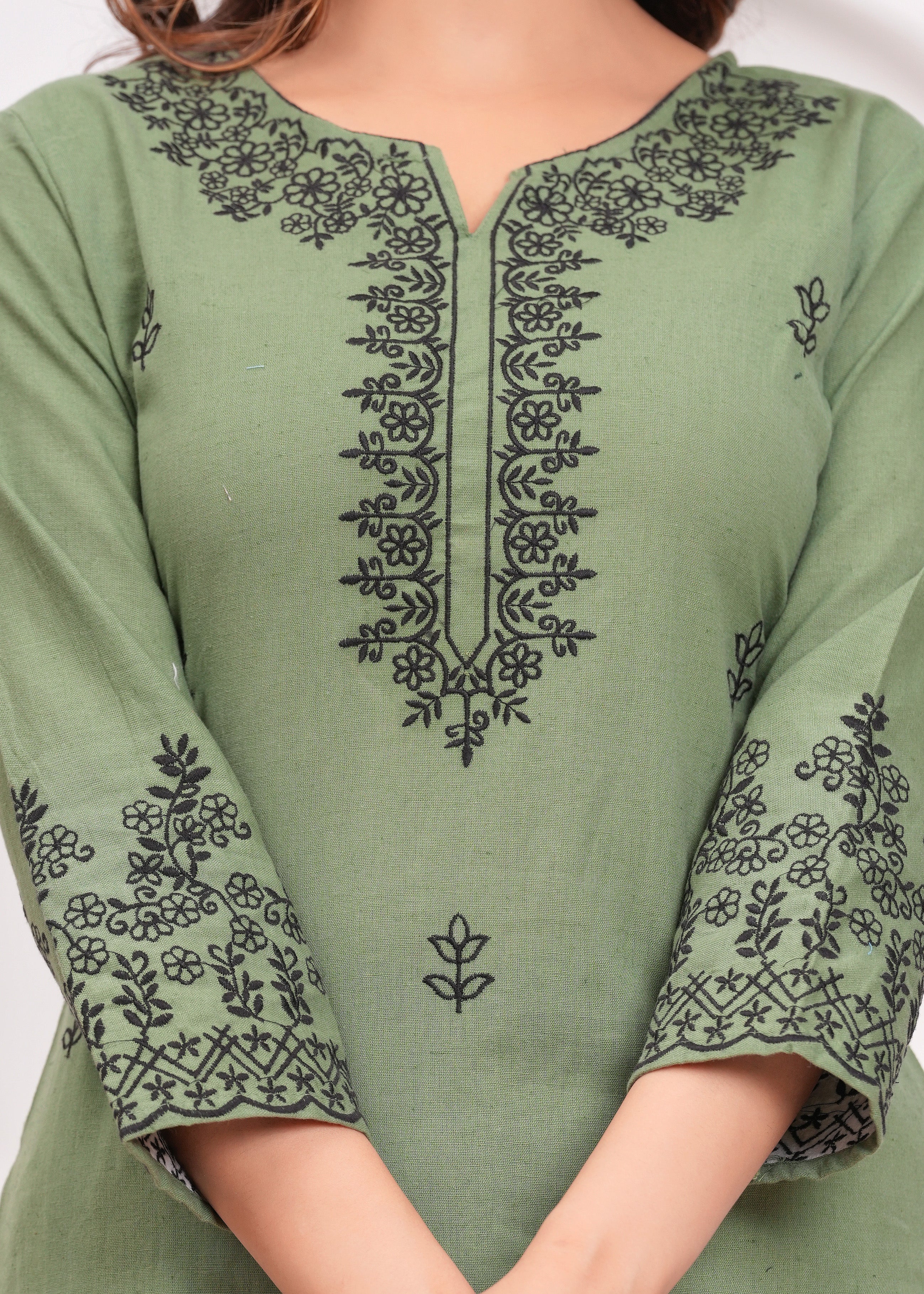 Green Embroidered Cotton Kurta and Pant Set with Dupatta