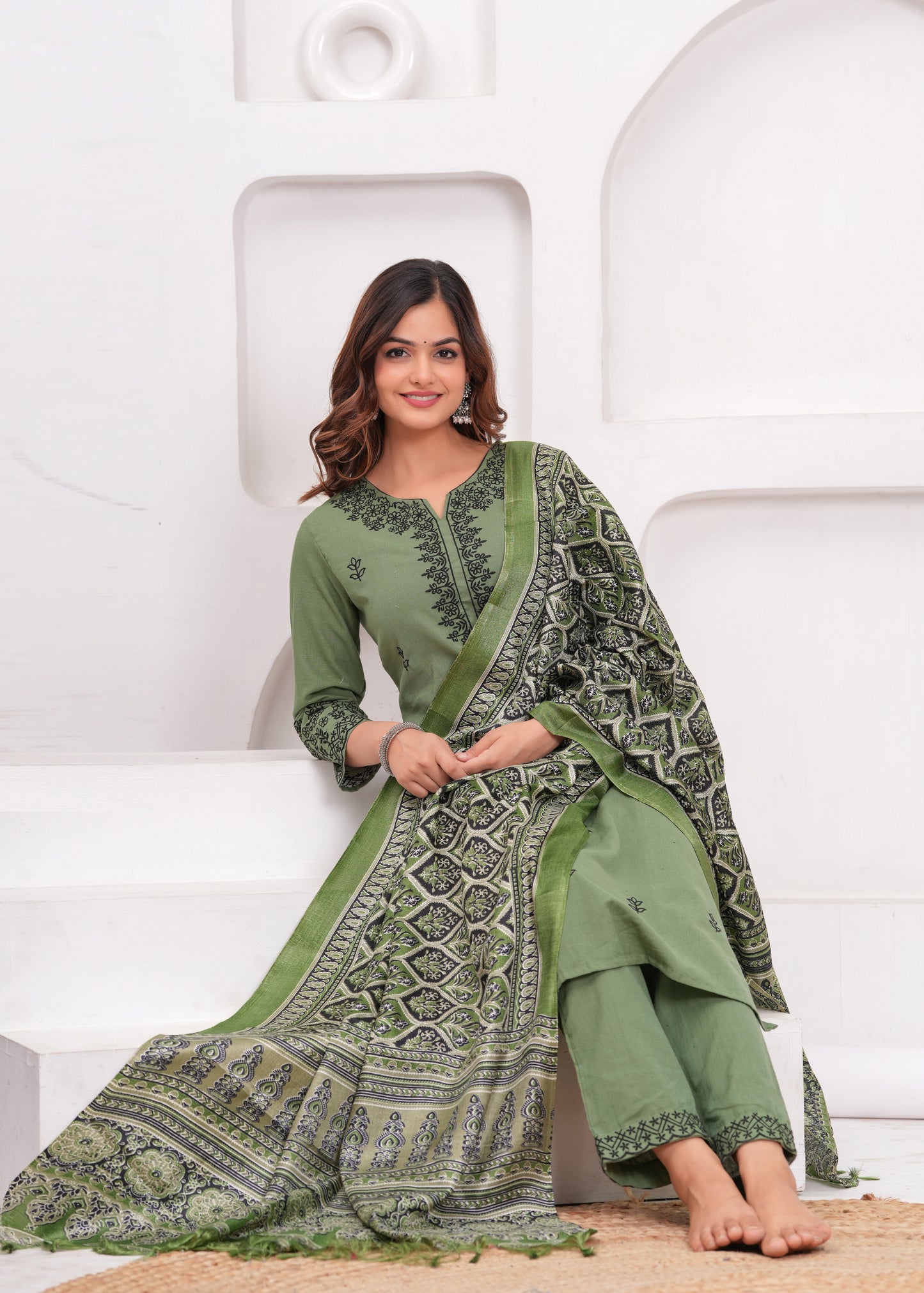 Green Embroidered Cotton Kurta and Pant Set with Dupatta