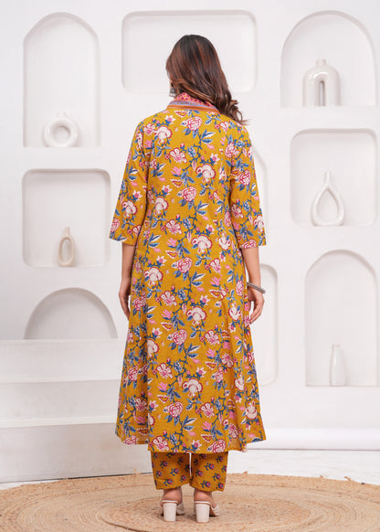 Floral Printed Cotton Kurta and Pant Set with Mulmul Dupatta