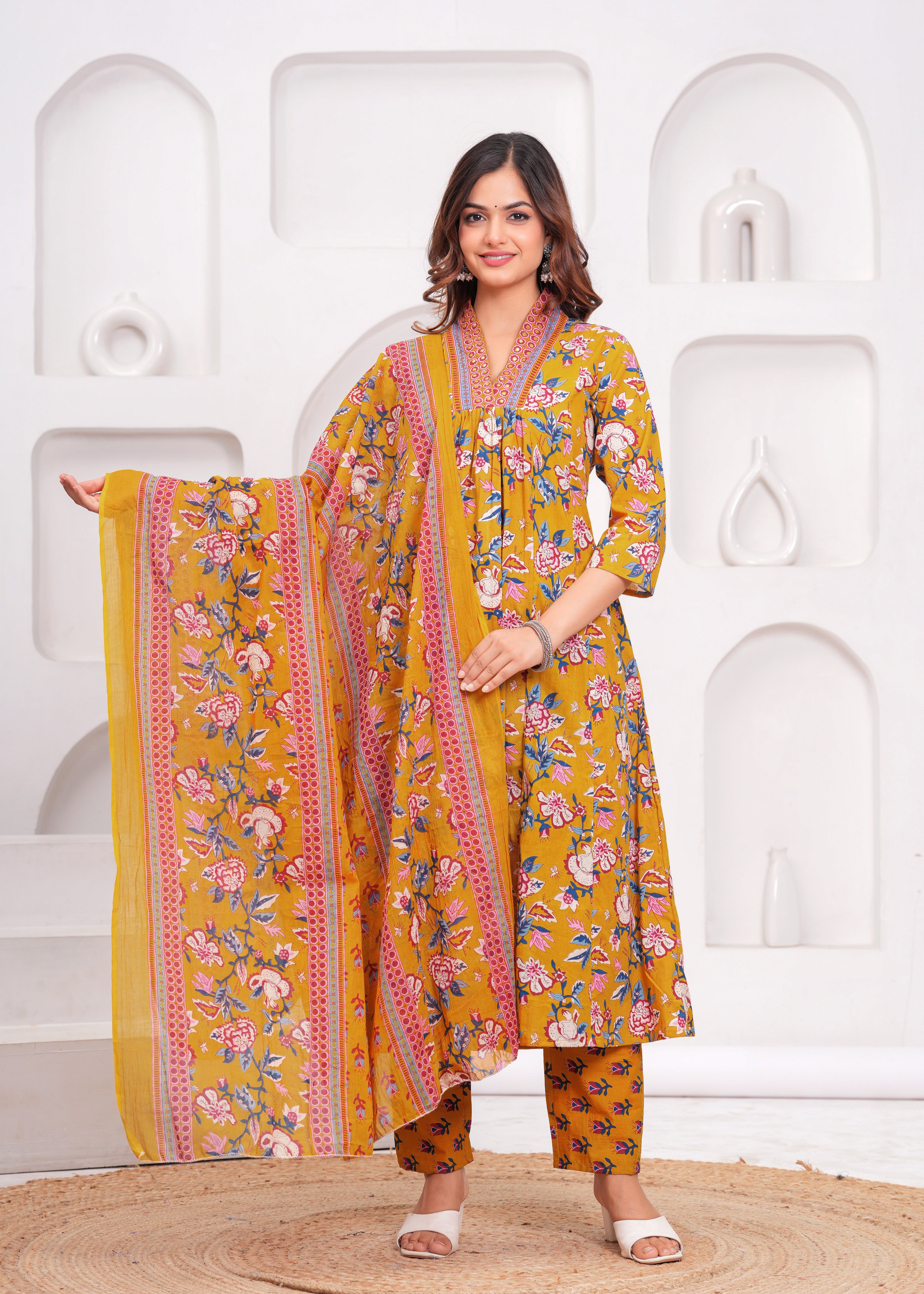 Floral Printed Cotton Kurta and Pant Set with Mulmul Dupatta