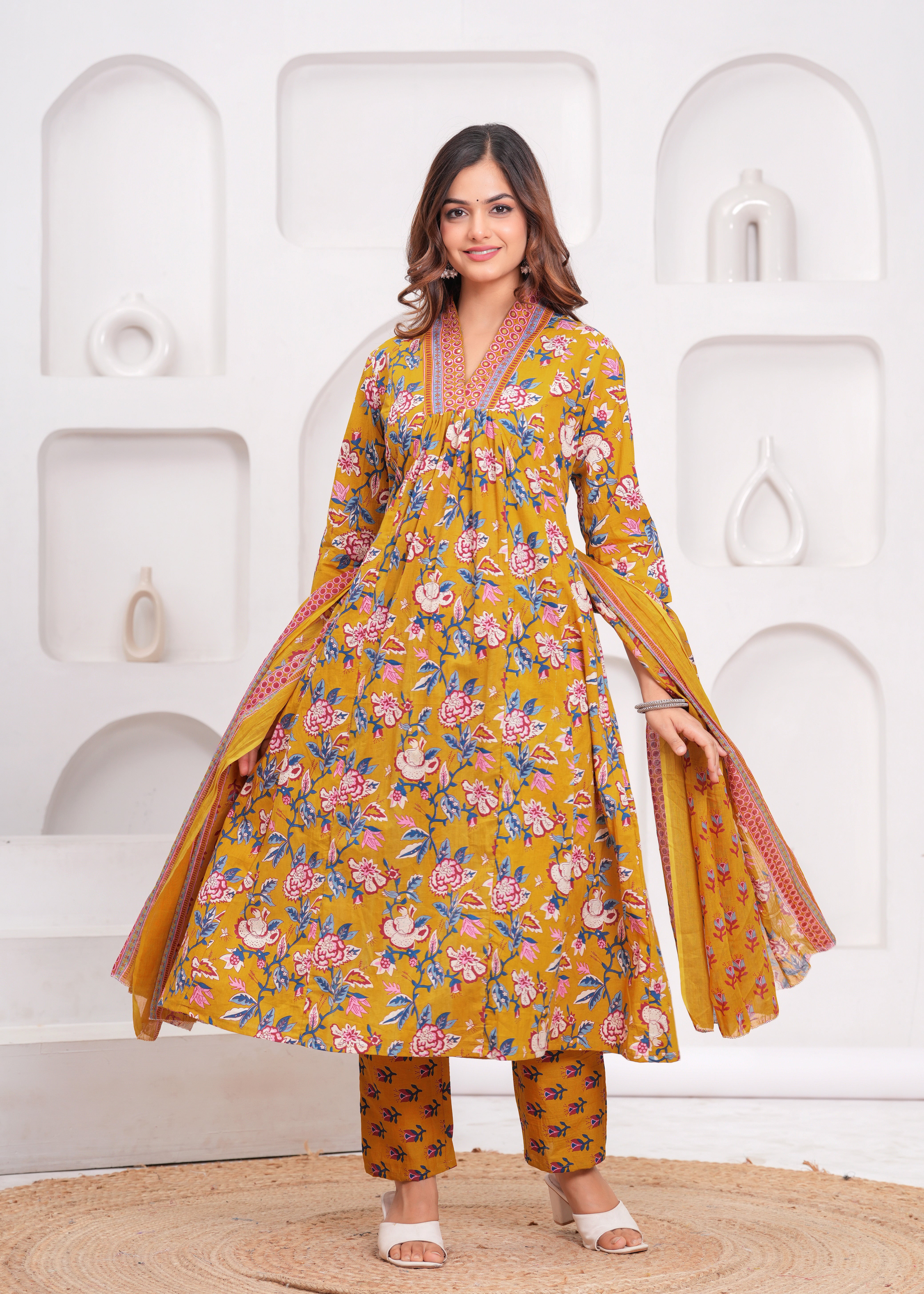Floral Printed Cotton Kurta and Pant Set with Mulmul Dupatta