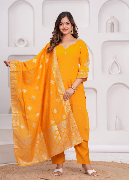 Mustard Embroidered Silk Suit Set with Dupatta
