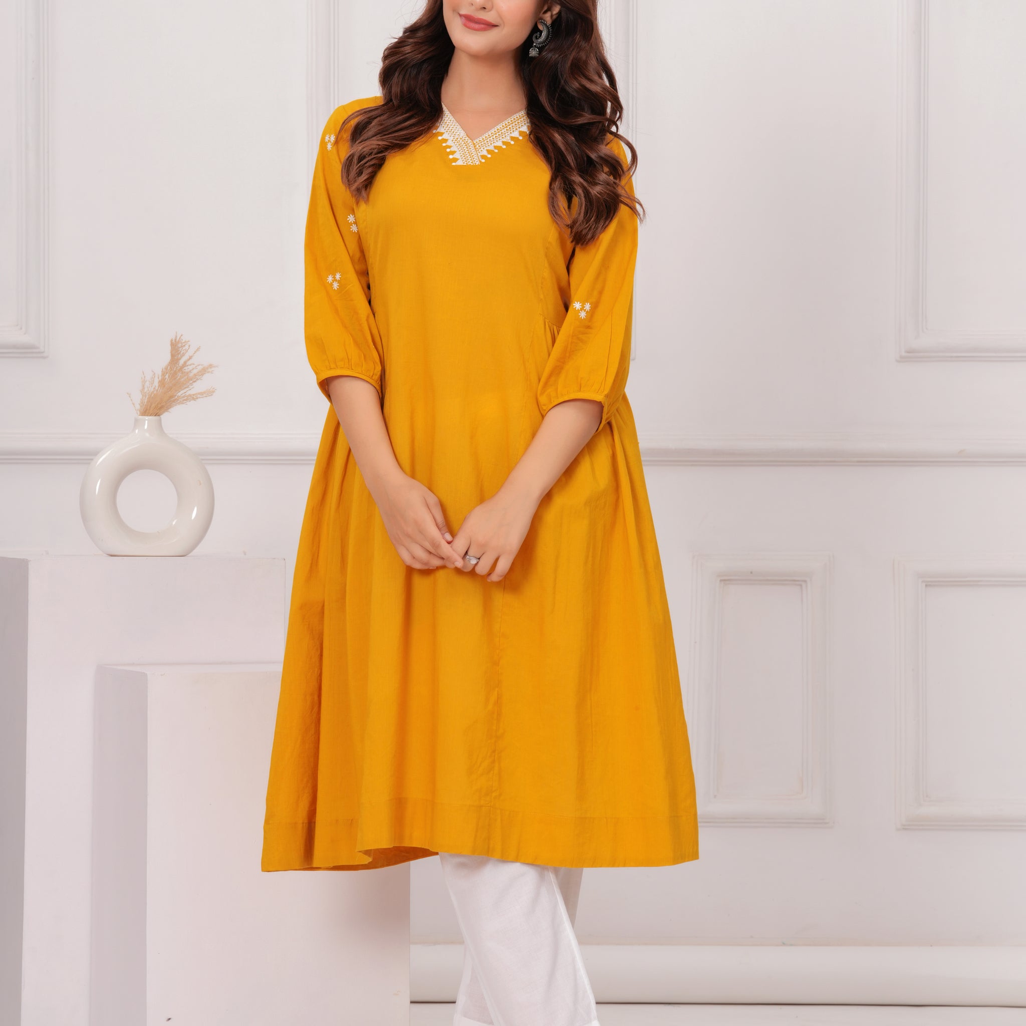 Yellow Brown Embroidered Reyon Kurta and Pant Set