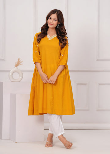 Yellow Brown Embroidered Reyon Kurta and Pant Set