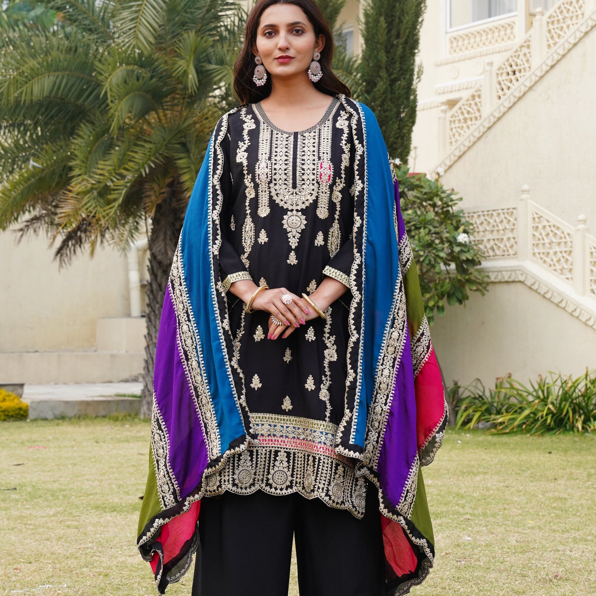 Black Heavy Embroidered Chinon Suit Set with Dupatta