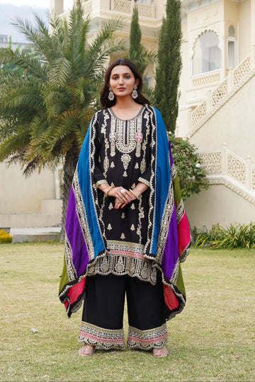 Black Heavy Embroidered Chinon Suit Set with Dupatta