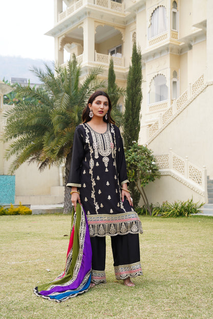 Black Heavy Embroidered Chinon Suit Set with Dupatta