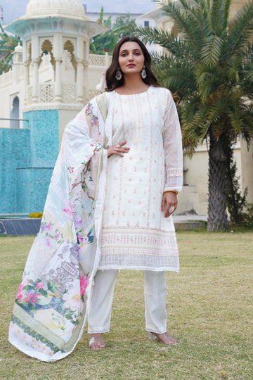 White Heavy Embroidered Lining Organza Suit Set with Digital Print Cotton Dupatta