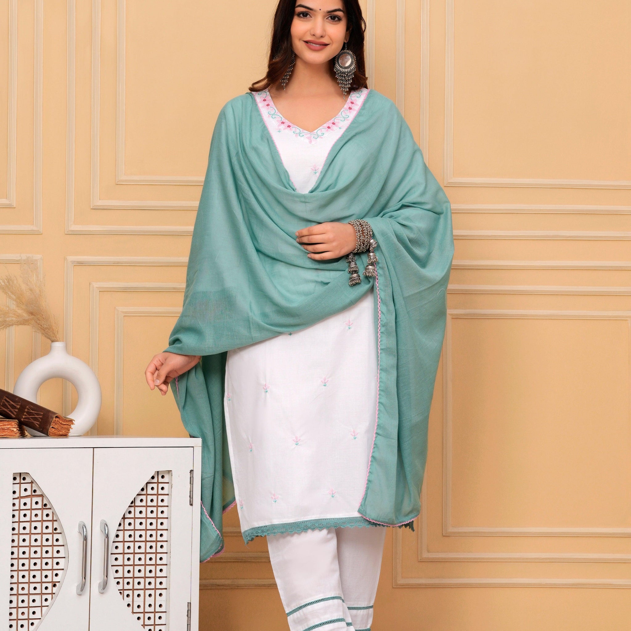 Embroidered White Cotton Kurta and Pant Set with Dupatta