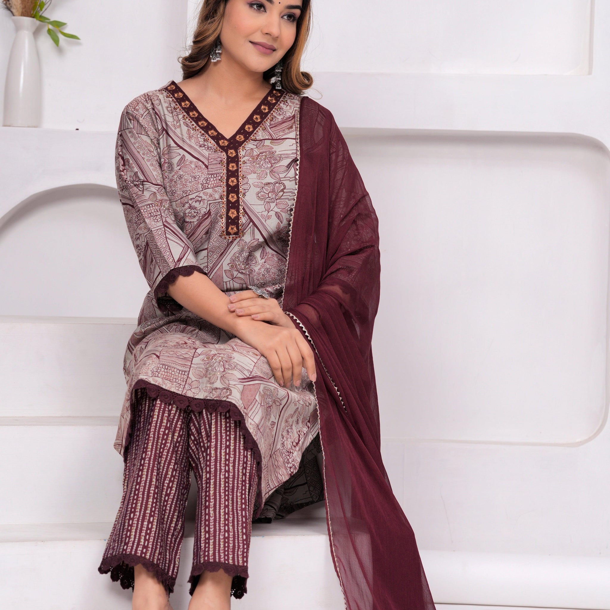 Quill Grey Embellished Muslin Suit Set with Georgette Dupatta