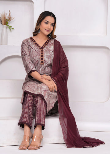 Quill Grey Embellished Muslin Suit Set with Georgette Dupatta