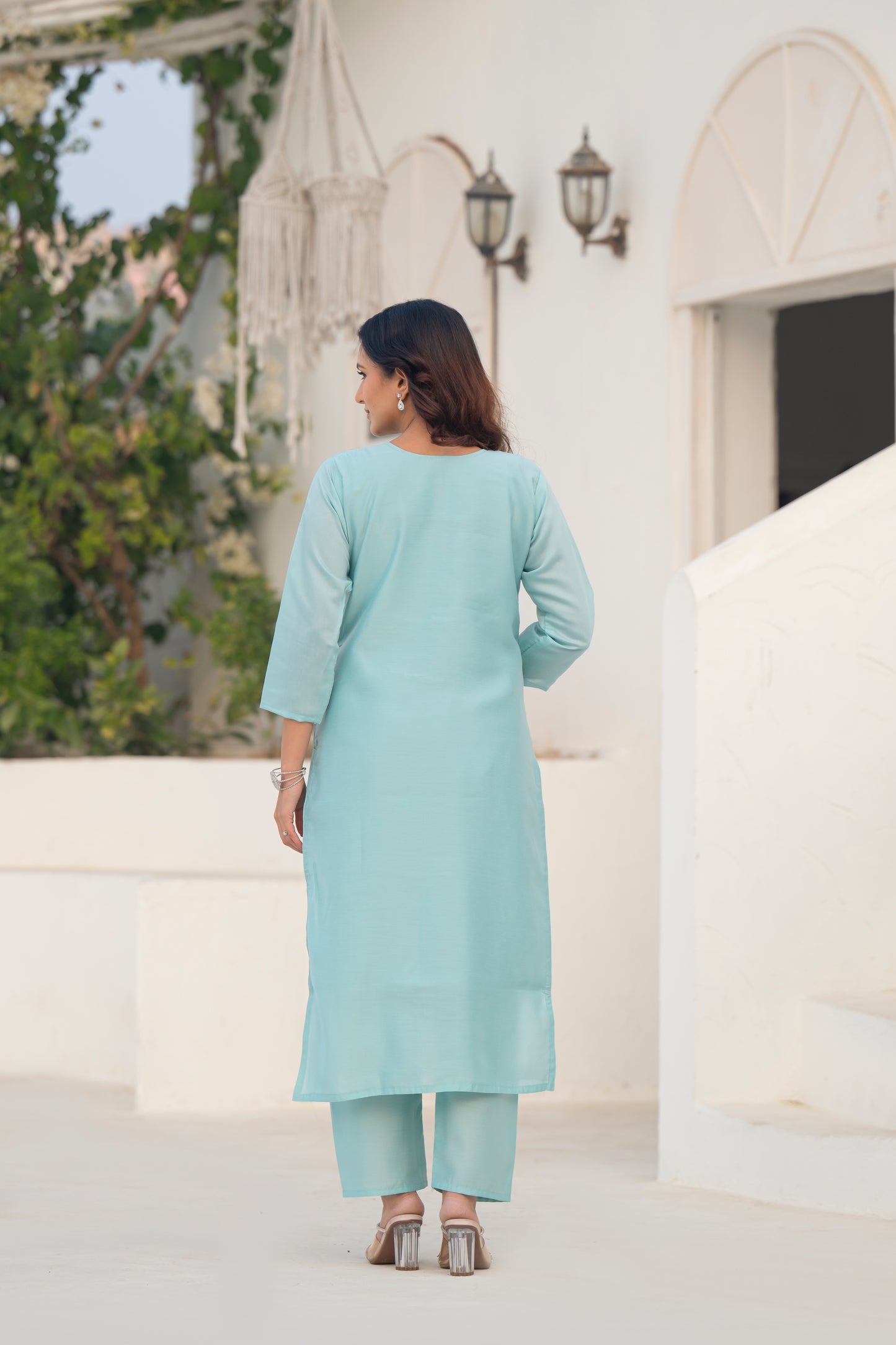 Coral Blue Embroidered Roman Silk Suit Set with Dupatta