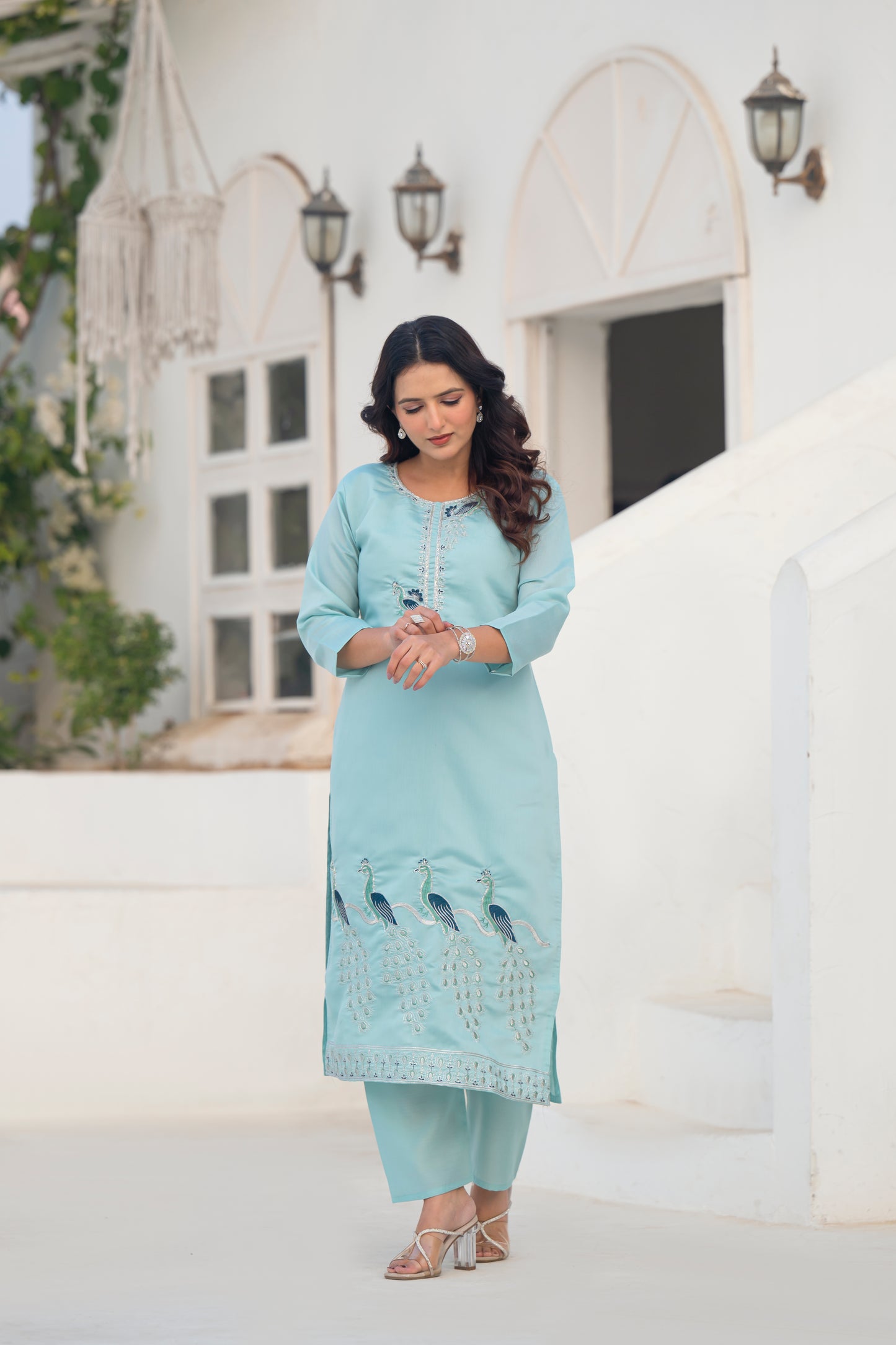 Coral Blue Embroidered Roman Silk Suit Set with Dupatta