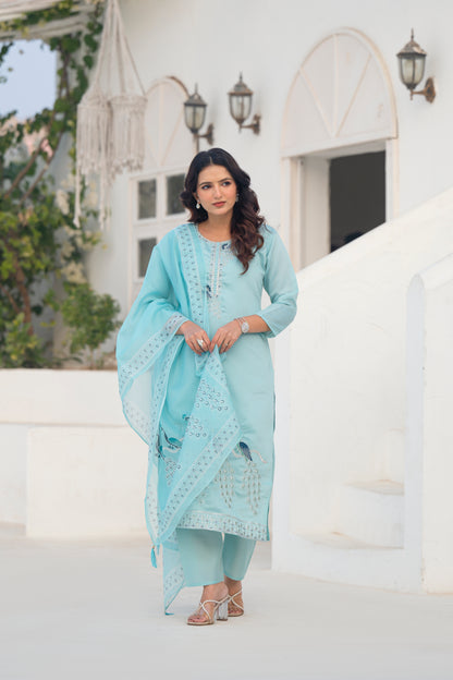 Coral Blue Embroidered Roman Silk Suit Set with Dupatta