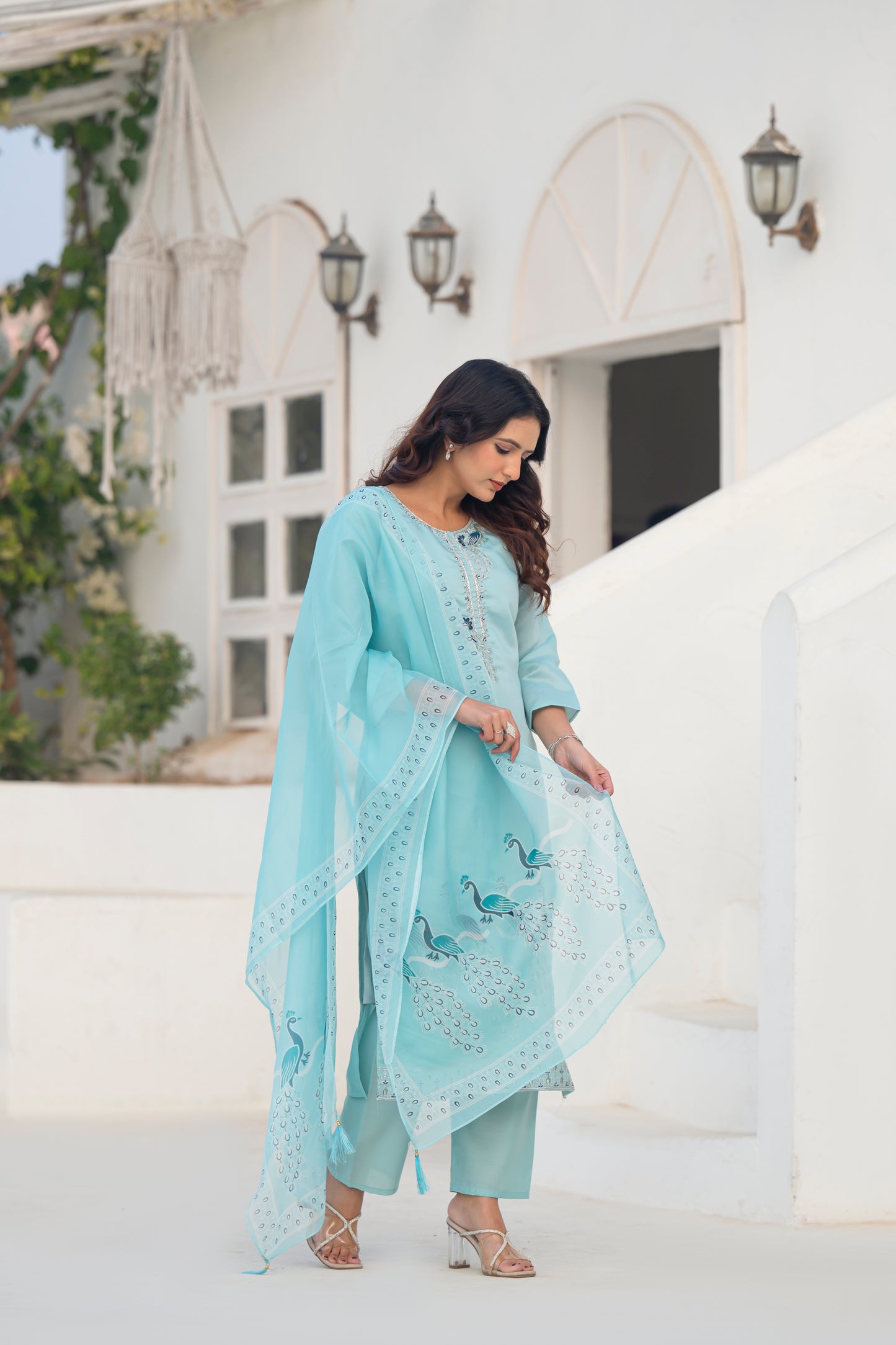 Coral Blue Embroidered Roman Silk Suit Set with Dupatta