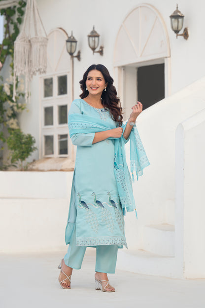 Coral Blue Embroidered Roman Silk Suit Set with Dupatta