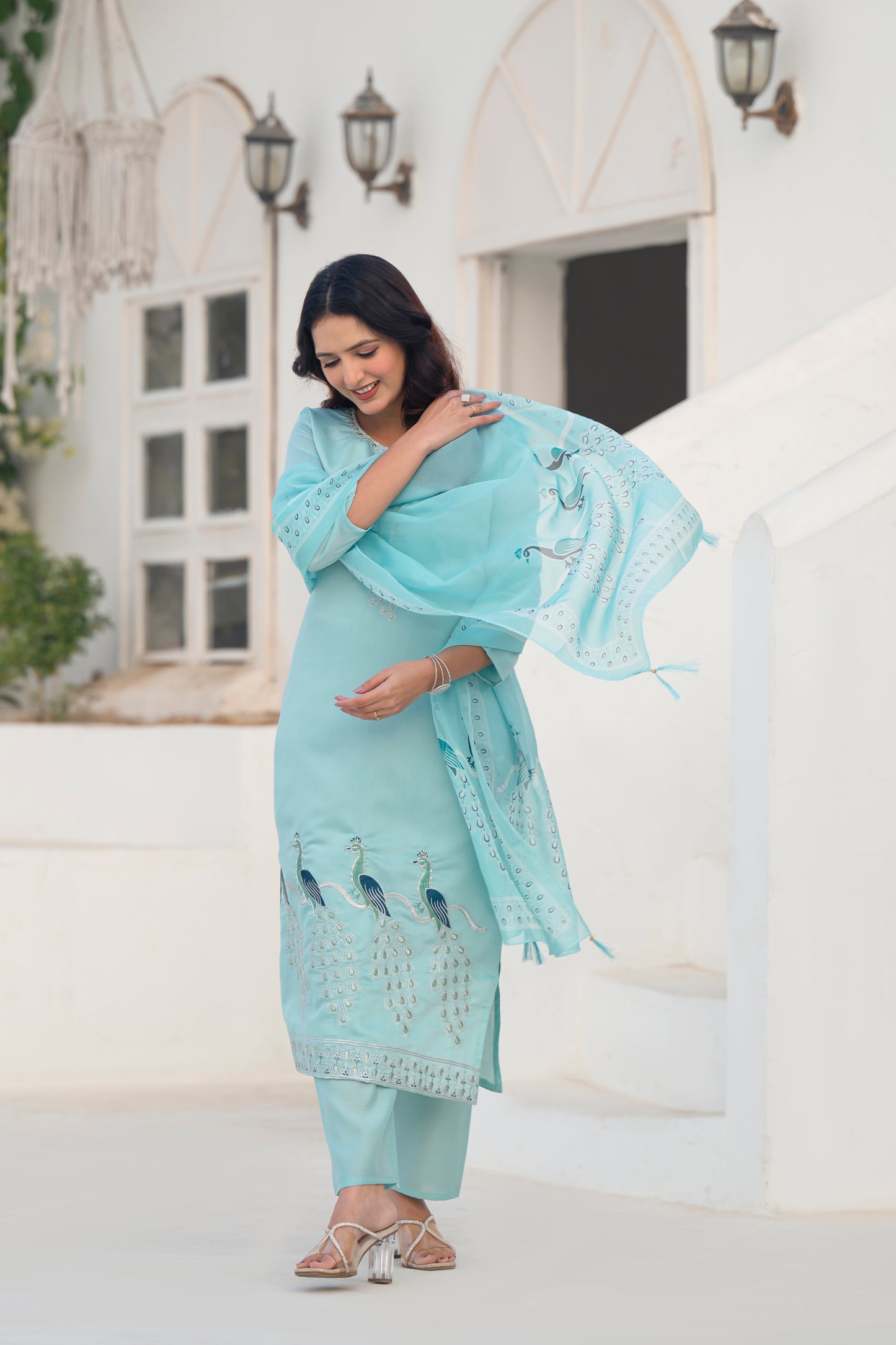 Coral Blue Embroidered Roman Silk Suit Set with Dupatta