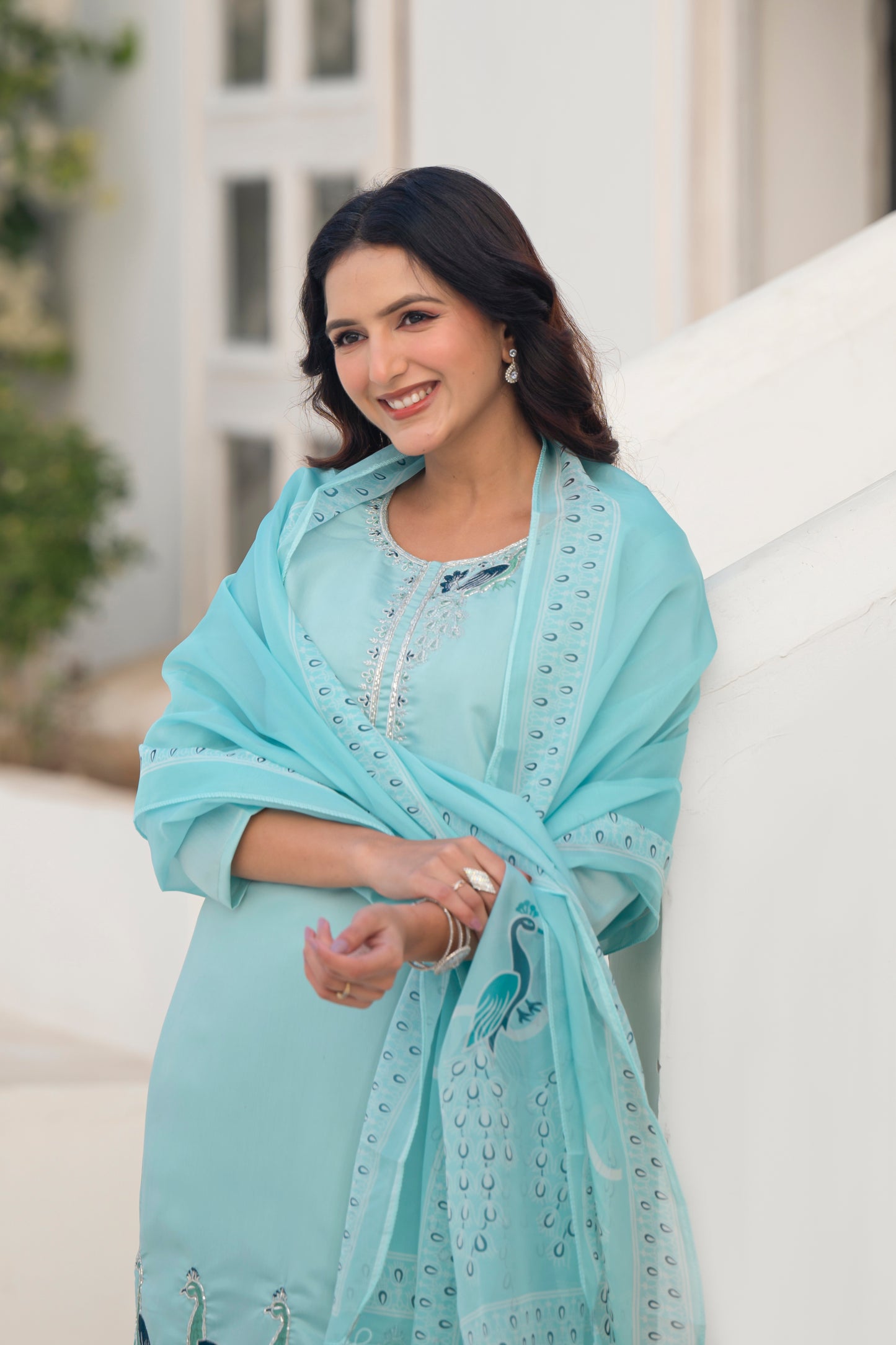 Coral Blue Embroidered Roman Silk Suit Set with Dupatta