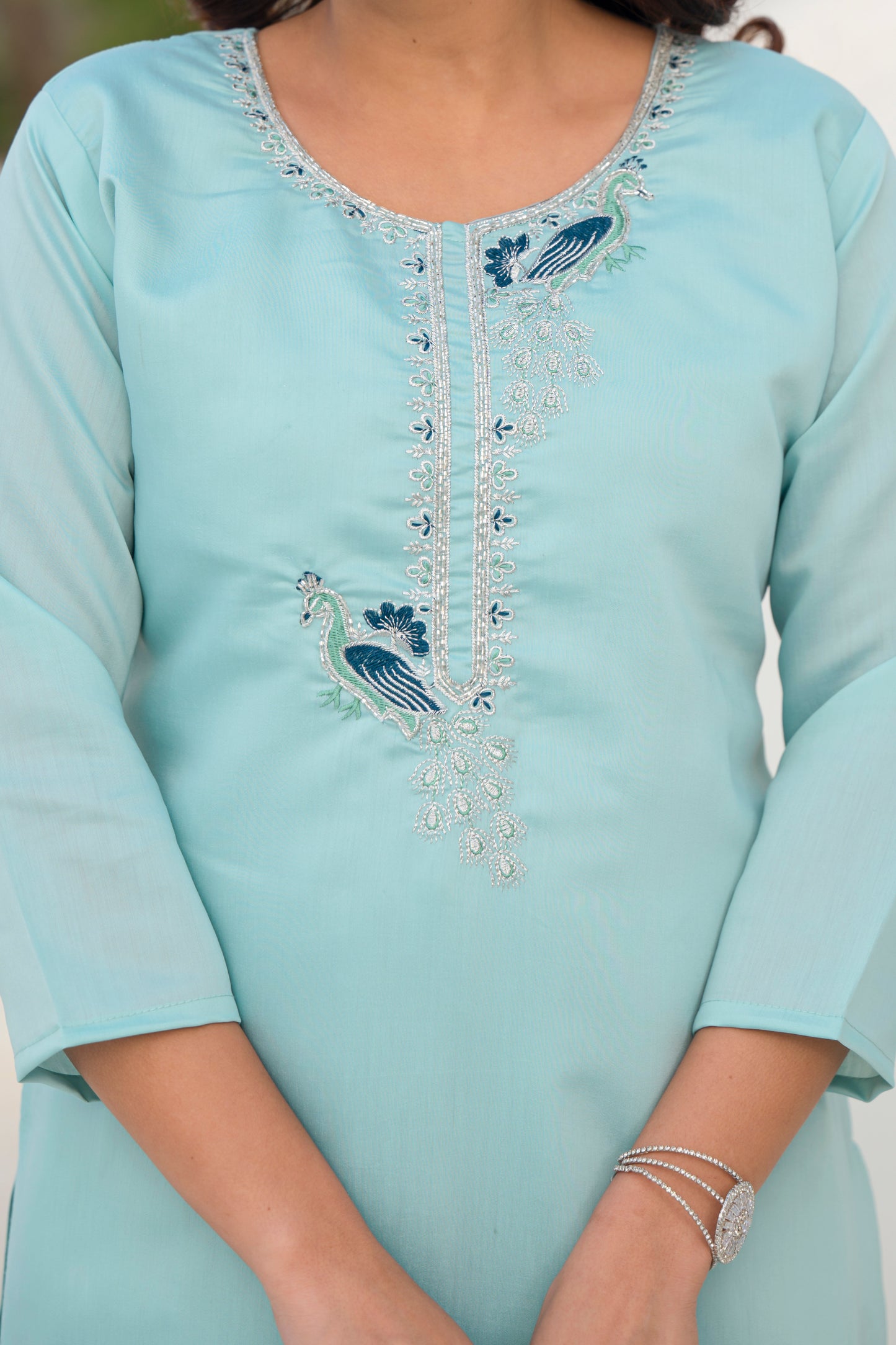 Coral Blue Embroidered Roman Silk Suit Set with Dupatta