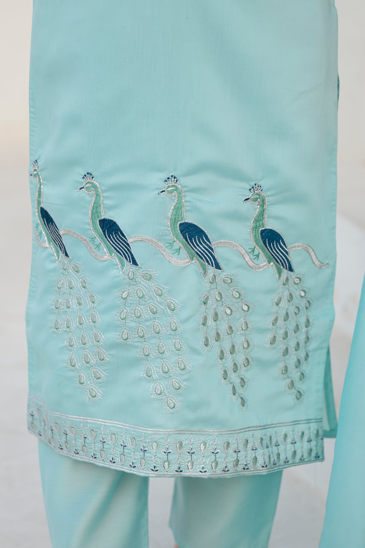 Coral Blue Embroidered Roman Silk Suit Set with Dupatta