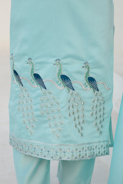 Coral Blue Embroidered Roman Silk Suit Set with Dupatta