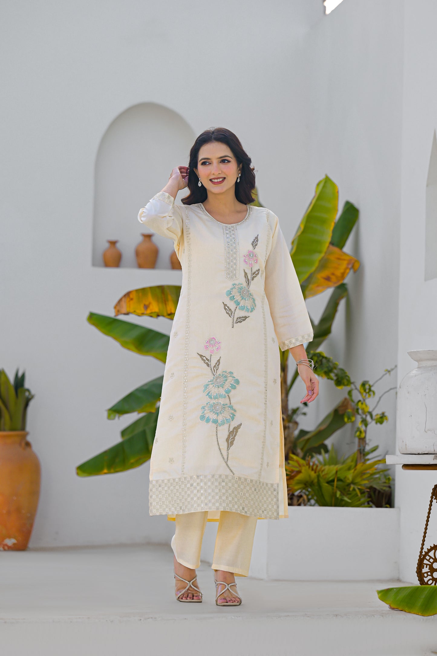 Desert Sand Embroidered Roam Sillk Suit Set with Dupatta