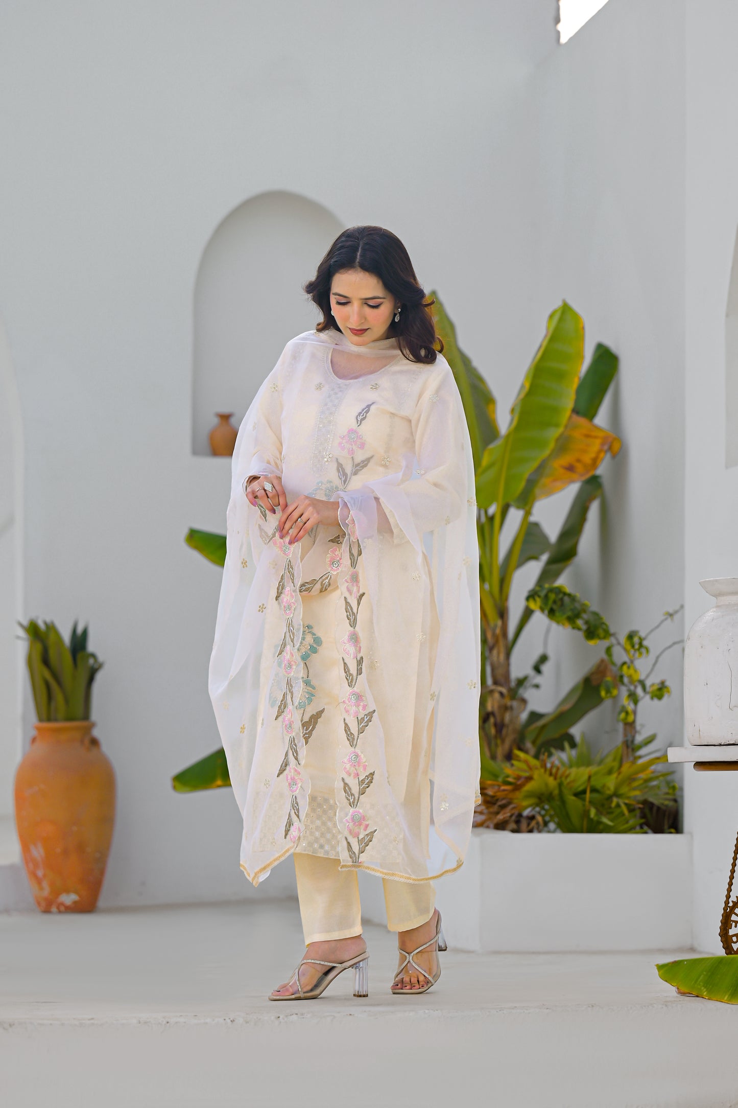 Desert Sand Embroidered Roam Sillk Suit Set with Dupatta